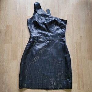 NWT Banana Republic Monogram Black One Shoulder Sequin Grid Dress Size 8